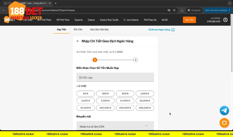 Nạp tiền 188BET link bằng ngân hàng