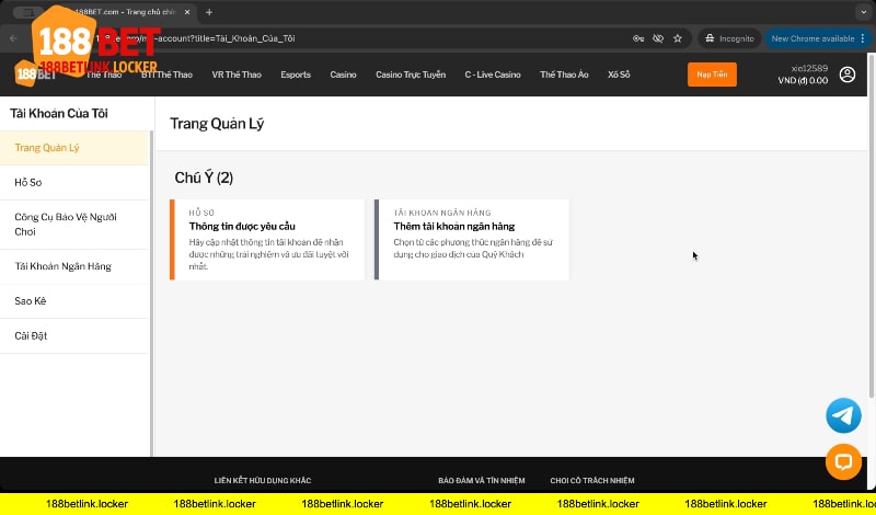 Trang quản lý tài khoản 188BET link